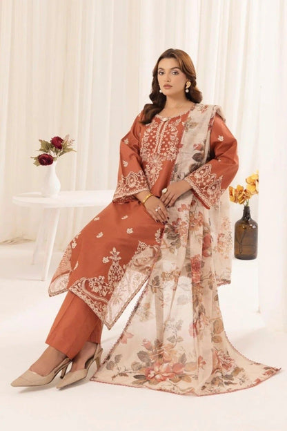 Mohagani 3 Piece Unstitched Lawn Suit – Heavy Embroidered Lawn Dress with Digital Printed Monark Dupatta