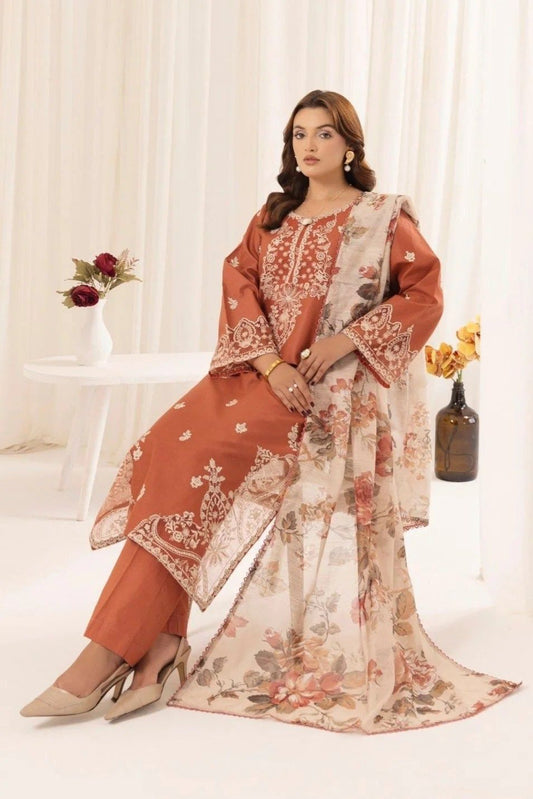Mohagani 3 Piece Unstitched Lawn Suit – Heavy Embroidered Lawn Dress with Digital Printed Monark Dupatta