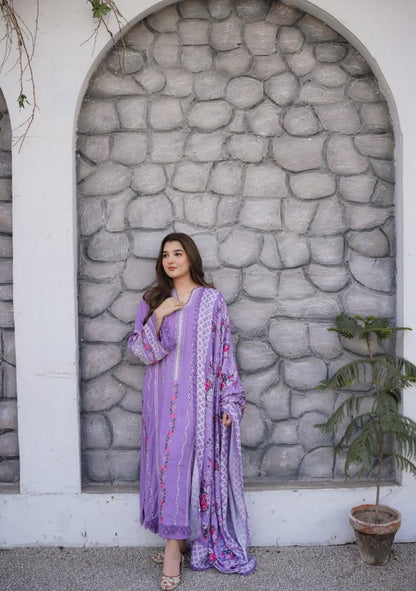 Aneela’s Premium 3 Piece Unstitched Lawn Suit – Heavy Embroidered Shirt with Digital Printed Monark Dupatta